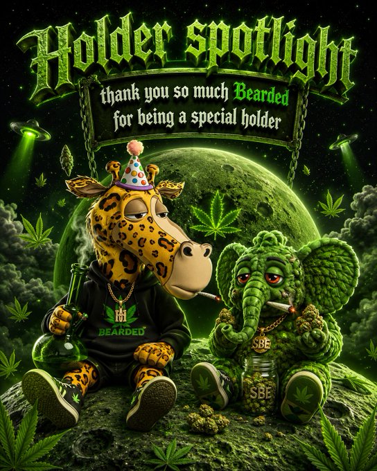 A graphic titled "Holder Spotlight" thanks "Bearded" for being a special holder, featuring an illustration of an anthropomorphic giraffe and elephant smoking, with references to "SBE" and marijuana leaves.
