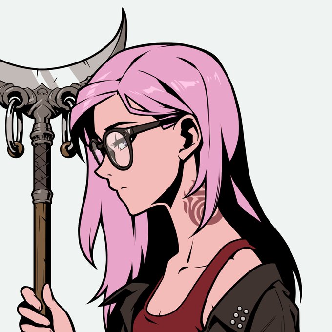 An anime-style illustration of a pink-haired woman with glasses holding a large crescent-bladed staff.