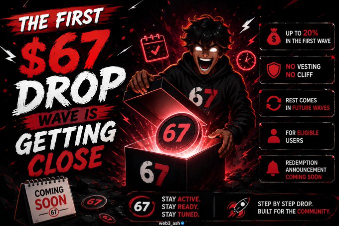 A promotional graphic with a dark red theme announcing "THE FIRST $67 DROP" wave is getting close, featuring various benefits including "UP TO 20% IN THE FIRST WAVE," "NO VESTING NO CLIFF," and "REST COMES IN FUTURE WAVES."