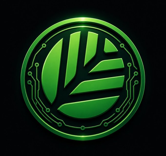 A glowing green circular emblem featuring a stylized fist logo surrounded by circuit-board patterns on a black background.