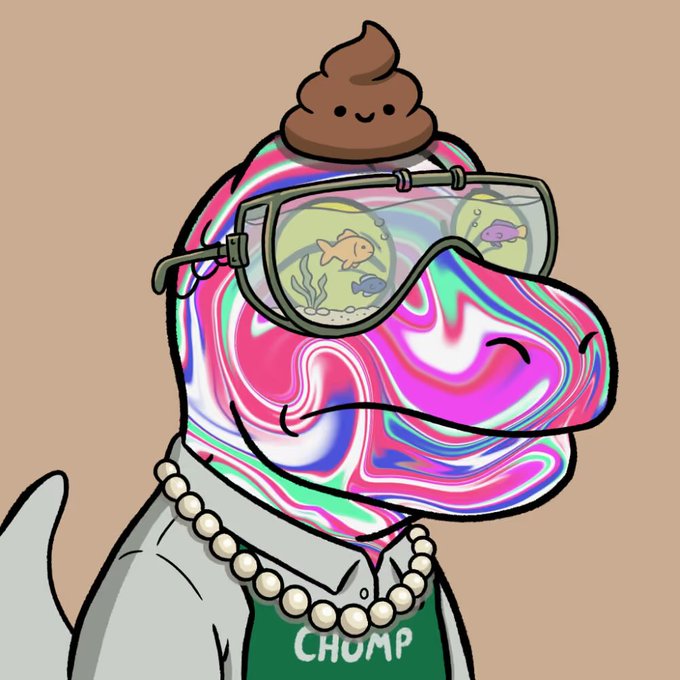 A digital illustration of a stylized dolphin character with a pink and blue swirled pattern, wearing fishbowl-shaped goggles with fish inside, a poop emoji hat, a pearl necklace, and a green apron with "CHUMP" written on it.