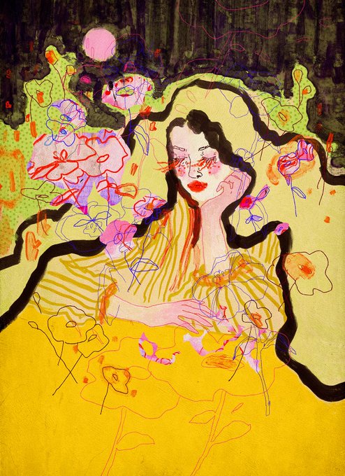 A stylized illustration of a woman with dark hair surrounded by colorful flowers and abstract shapes in yellow, pink, and black.