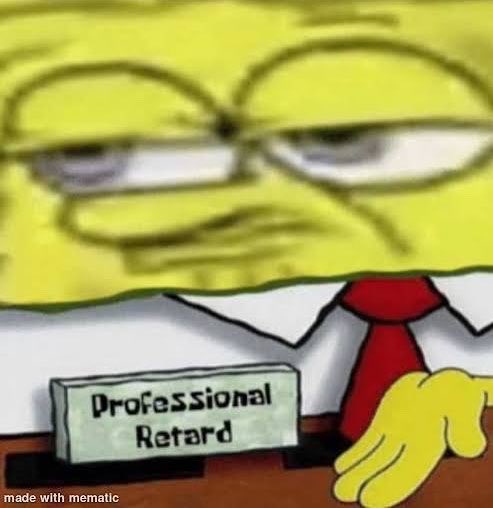 A meme image shows a cartoon character with half-closed eyes wearing a 'Professional Retard' name tag, created 'made with mematic'.