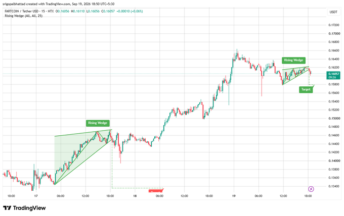 A TradingView candlestick chart of FARTCOIN/USDT on the 15-minute timeframe, showing 'Rising Wedge' patterns and a 'Target' annotation.