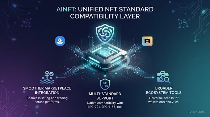 An infographic titled "AINFT: UNIFIED NFT STANDARD COMPATIBILITY LAYER" highlighting features like "SMOOTHER MARKETPLACE INTEGRATION", "MULTI-STANDARD SUPPORT", and "BROADER ECOSYSTEM TOOLS" with version v1.0 / 2024.
