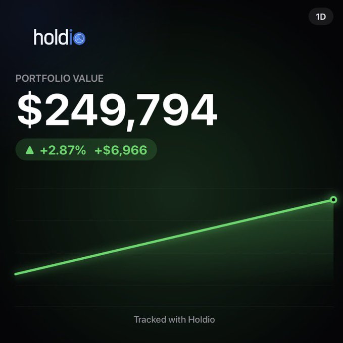 A digital interface from "holdio" displaying a portfolio value of $249,794 with a +2.87% (+$6,966) gain shown over a green rising line graph.
