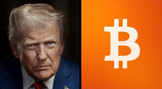 This image shows a split screen featuring Donald Trump on the left and the Bitcoin logo on the right, visually representing Trump's statement that Bitcoin is reducing pressure on the U.S. Dollar.