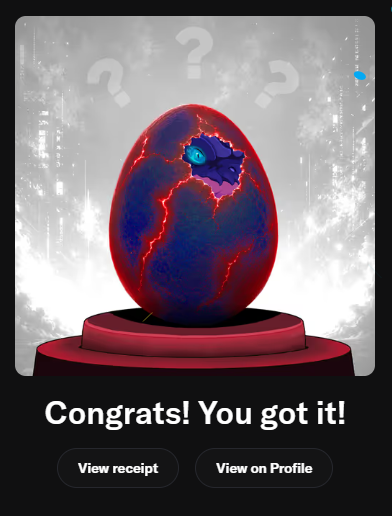 A digital reward screen displaying 'Congrats! You got it!' with a cracked red and blue egg containing a small creature, set against a foggy cityscape background.
