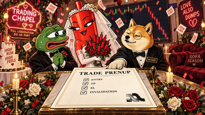 A humorous trading-themed illustration showing a frog, a red bottle character as a bride, and a dog as a notary at a 'Trading Chapel', with a 'Trade Prenup' document listing 'Entry, TP, SL, Invalidation' and signs warning about stop losses and high risk feelings.