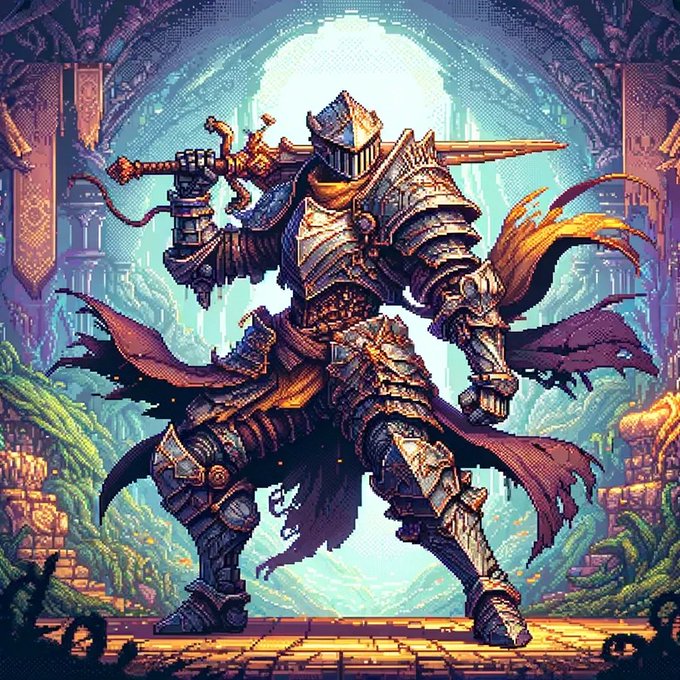 A pixel art depiction of a heavily armored knight wielding a large sword, standing in a stone archway with a bright light behind him.