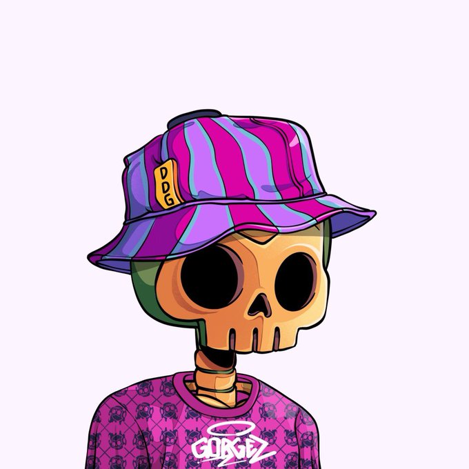 An illustration of a skeleton character wearing a purple striped bucket hat labeled "DDG" and a patterned shirt with a "GORSKI" logo.