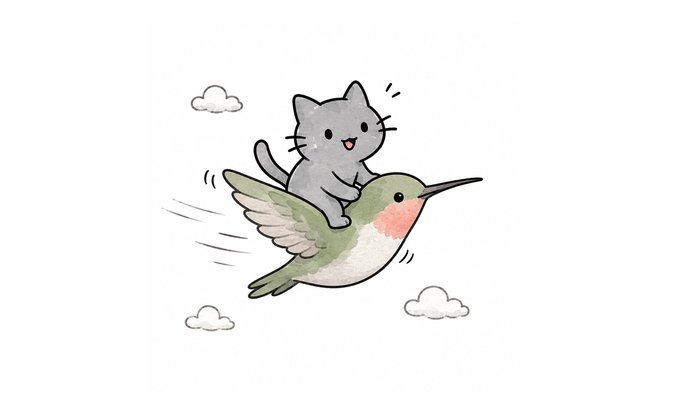 A cute watercolor-style illustration of a small gray cat with a happy expression riding on the back of a flying hummingbird, with small clouds in the background.