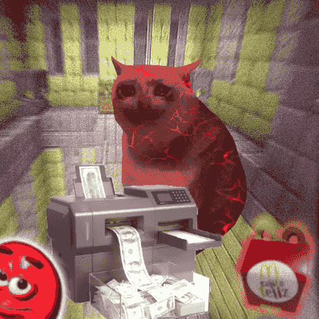 An animated meme depicting a demonic red cat operating a printer that is printing money, with McDonald's-themed items in the foreground.