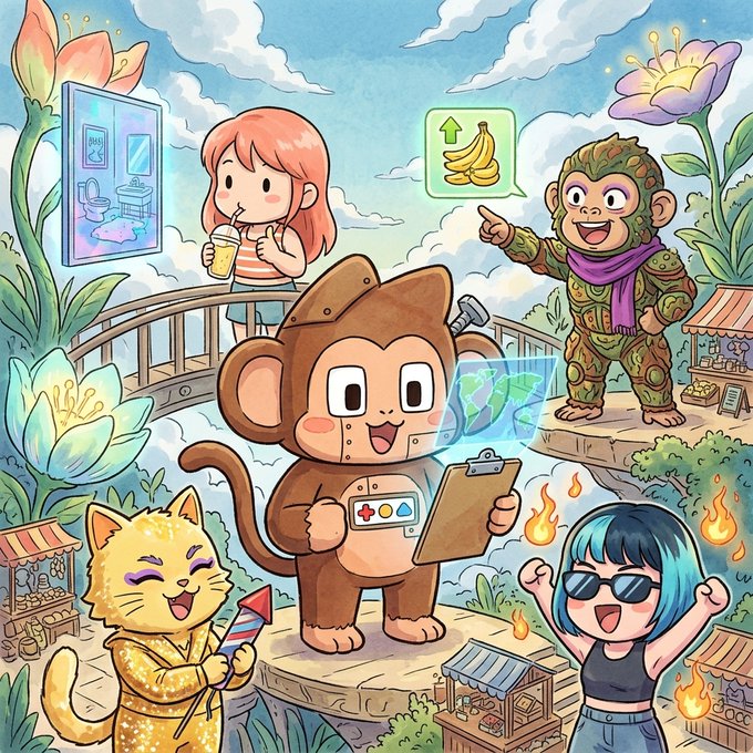 A colorful cartoon illustration featuring a girl with a drink, a monkey in a green suit, a cat in a golden outfit with fireworks, a monkey with a clipboard, and a girl with sunglasses and blue hair in a fantasy setting.