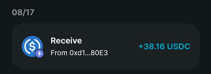 A transaction notification dated 08/17 showing a receipt of '+38.16 USDC' from a wallet address beginning with '0xd1...80E3'.