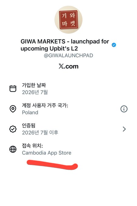 Twitter/X profile for 'GIWA MARKETS - launchpad for upcoming Upbit's L2' (@GIWALAUNCHPAD) showing account location in Poland and founded in July 2026.