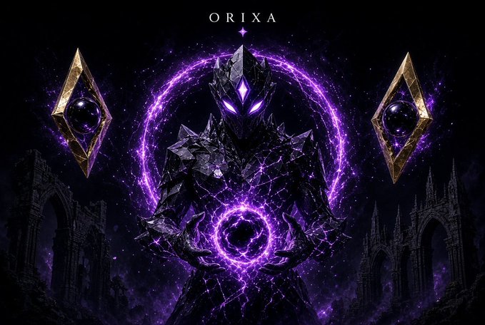 Dark fantasy digital art titled 'ORIXA' depicting an armored shadowy figure with glowing purple energy emanating from its chest, flanked by two golden diamond-shaped artifacts with purple orbs.