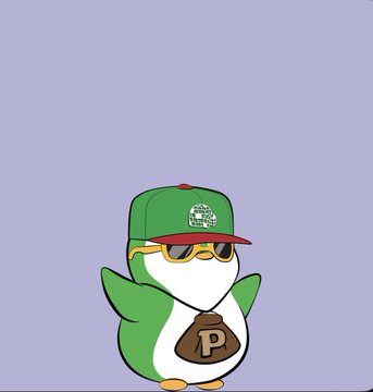 An illustration of a green penguin mascot wearing a backwards cap, sunglasses, and a gold chain, holding a money bag with a 'P' on it.