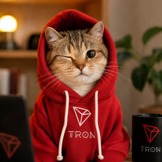 A tabby cat wearing a red hoodie winks playfully while sitting beside a mug, both prominently featuring the TRON logo and "TRON" text. The cozy, meme-worthy image adds a lighthearted touch to TRON's message about making gasless USDT transfers more accessible for everyday users.