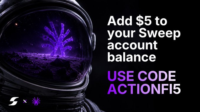 Promotional graphic featuring an astronaut helmet with a purple alien landscape and crystalline structure reflected in the visor, advertising "$5 to your Sweep account balance" with the code "ACTIONFI5," tied to a time-sensitive Sweep Global × ActionFi campaign offering a $5 bonus to new users.