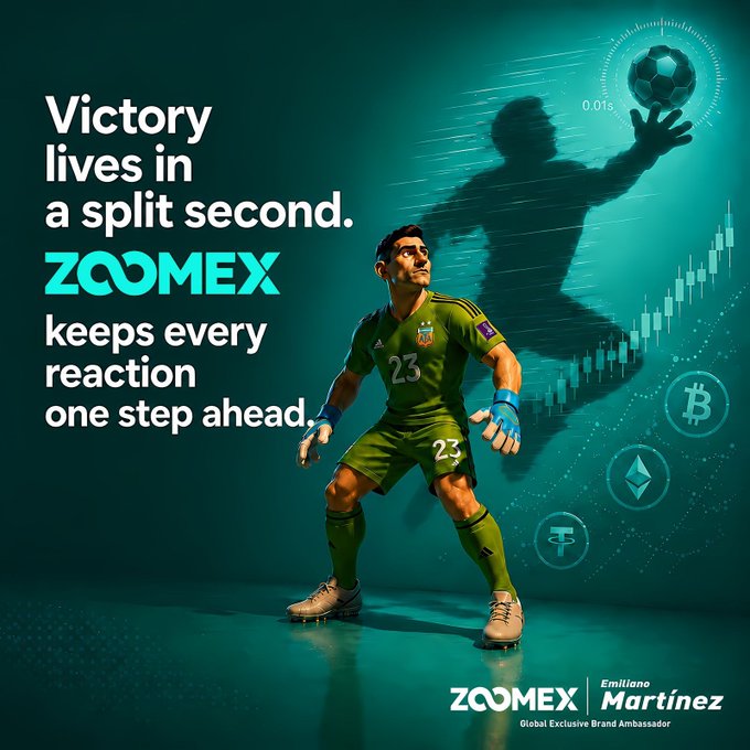 The image features Emiliano Martínez, goalkeeper for Argentina and brand ambassador for ZOOMEX, with text stating "Victory lives in a split second. ZOOMEX keeps every reaction one step ahead." This visually connects the speed and precision of football with ZOOMEX's ability to stay ahead in the market, aligning with the post's message.