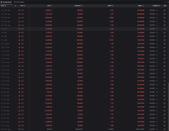 A dark-themed blockchain transactions table displays numerous "Sell" orders in red for the $CASHCAT token, with USD amounts ranging from $6,490 to $14,189, alongside CASHCAT quantities between 75,000 and 200,000, while a single "Buy" order at the bottom shows 638.43 USD for 15,644.127 CASHCAT, all tracked through wallet 0xDE4C44e841972C2c4Db1b1E27a353340fE9899DE that has generated over $917,600 in sales after the initial $838 investment.