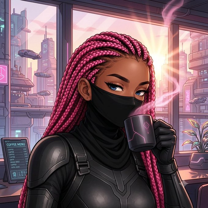 An anime-style illustration of a woman with pink braided hair wearing a black mask and outfit, drinking from a dark cup in a futuristic cyberpunk city setting.