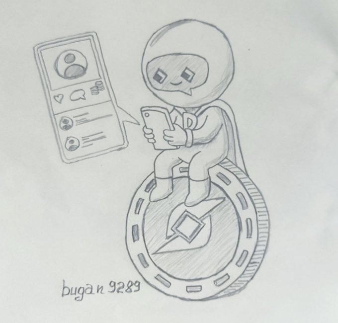 A pencil sketch illustration of a small masked superhero-like character sitting on a large coin, holding a smartphone with a speech bubble showing a social media profile interface; signed 'bugan 9289' in the bottom left.