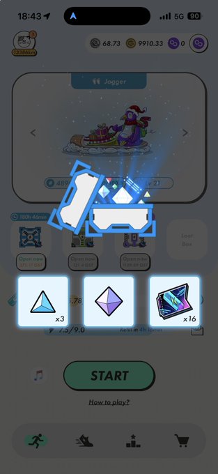 A mobile game screen showing a jogger avatar with a sled, resource counters (68.73, 9910.33), collectible shapes, and a green START button at the bottom.