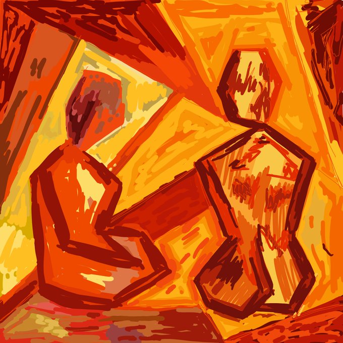A vibrant abstract painting featuring two figures in bold orange, red, and yellow tones with geometric shapes in the background.