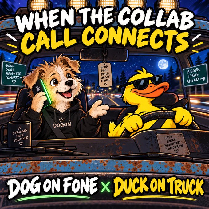 A stylized illustration promoting 'WHEN THE COLLAB CALL CONNECTS - DOG ON FONE x DUCK ON TRUCK,' showing an anthropomorphic dog on a phone call in the passenger seat while a sunglasses-wearing duck drives a truck through a nighttime cityscape, with text reading 'GOOD DOGS BUILD GREAT THINGS' and 'BIGGER IDEAS AHEAD'.