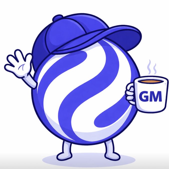 The image features a cartoon character dressed as a ball with a blue hat holding a coffee cup and waving at the viewer. The background of the image is white, which contrasts with the colorful character and makes him stand out. The caption above the image reads "Good morning, everyone! Woke up, opened X, and the first thing I saw was Asia'first regulated INJ fund A". This text connects to the cartoon character's actions in the image by highlighting that the character is promoting an investment product or service related to Asia.