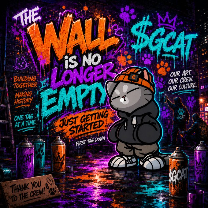 A vibrant street art-style poster featuring a cartoon cat wearing an orange beanie, surrounded by graffiti including the text 'THE WALL IS NO LONGER EMPTY', '$GCAT', 'BUILDING TOGETHER', and 'OUR ART. OUR CREW. OUR CULTURE.'