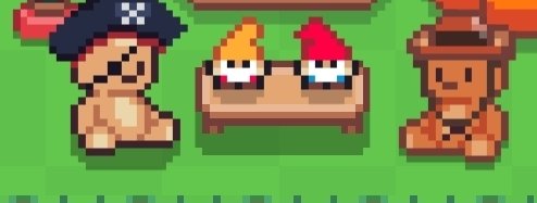 Pixel art depicting three small characters in swimwear on a beach, with two characters peeking over a wooden sign.