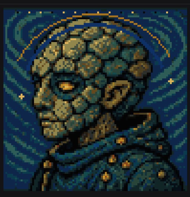 Pixel art portrait of a rocky, crystalline humanoid figure with glowing orange eyes against a swirling blue background with floating particles.