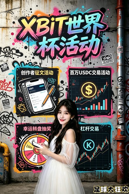 A young woman in a white dress stands before a vibrant graffiti wall promoting "XBiT世界杯活动" (XBiT World Cup Event), featuring four illustrated panels highlighting events like a $USDC trading contest with a $1 million prize pool and a lucky wheel giveaway. The street-art backdrop and her holding a ticket visually reinforce the post's promotion of XBiT's prediction and trading competitions as ways to earn money despite the bear market.
