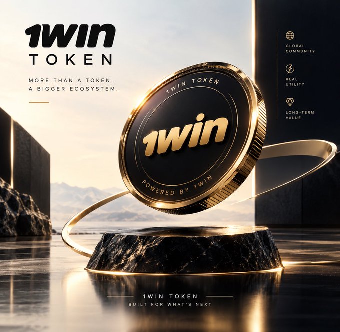 A promotional graphic for '1WIN TOKEN' features a gold and black coin on a marble pedestal with the tagline 'MORE THAN A TOKEN. A BIGGER ECOSYSTEM.' and 'BUILT FOR WHAT'S NEXT'.