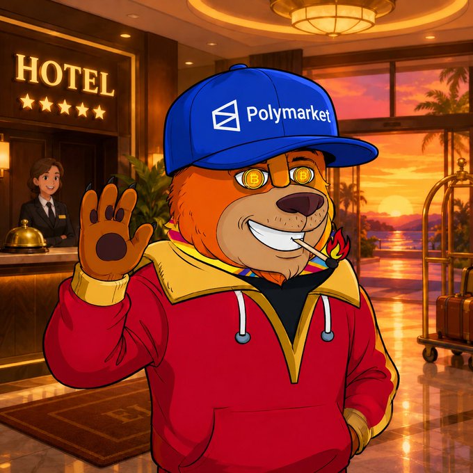 The image features a cartoon bear wearing a red jacket, standing in front of a hotel lobby with a gold doormat. The bear has a blue hat on his head and waves at the camera while smiling. The background shows a sunset over water, creating a serene atmosphere. The caption to the image reads: "@Polymarket is now facing major regulatory pressure after being blocked in both Indonesia and Spain over online gambling and licensing concerns".