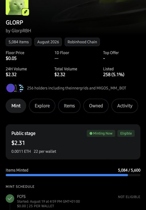A screenshot of the GLORP NFT collection page on Robinhood Chain showing 5,084 items with a public stage mint price of $2.31 (0.0011 ETH, 22 per wallet), corroborating the post's warning about a scam mint with no guaranteed allocation and only FCFS access, while noting the main collection was minting that same day.