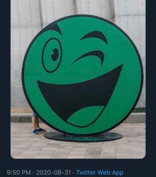 A giant green smiley face statue winks playfully at the camera, posted from Twitter Web App on August 31, 2020 at 9:50 PM, capturing the celebratory mood of XRP's 36% moon rally.