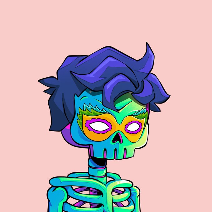 A colorful digital illustration of a skull-headed skeleton with blue hair and rainbow details on its face and ribs against a pink background.