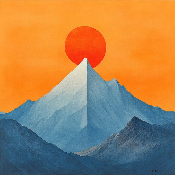 A stylized painting of a tall, triangular blue mountain against a vibrant orange sky, with a large red sun positioned directly behind the peak.