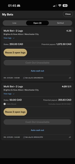 A screenshot of a mobile sports betting app showing two open Multi Bet tickets on the Brighton & Hove Albion vs Manchester City match (odds 4.29 and 4.29/5.11), with a total stake of 300 CAD and potential payouts over 1,300 CAD, capturing the hopeful "wake up rich" sentiment of the late-night wagers.