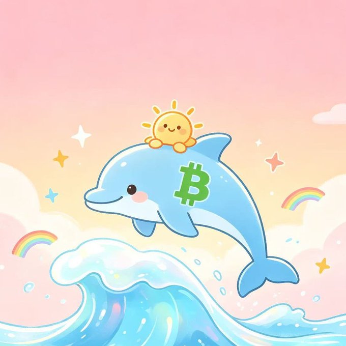 A cute kawaii-style illustration of a light blue dolphin with a green Bitcoin (₿) symbol on its side, carrying a smiling sun on its back, leaping over ocean waves against a pastel pink sky with rainbows and stars.