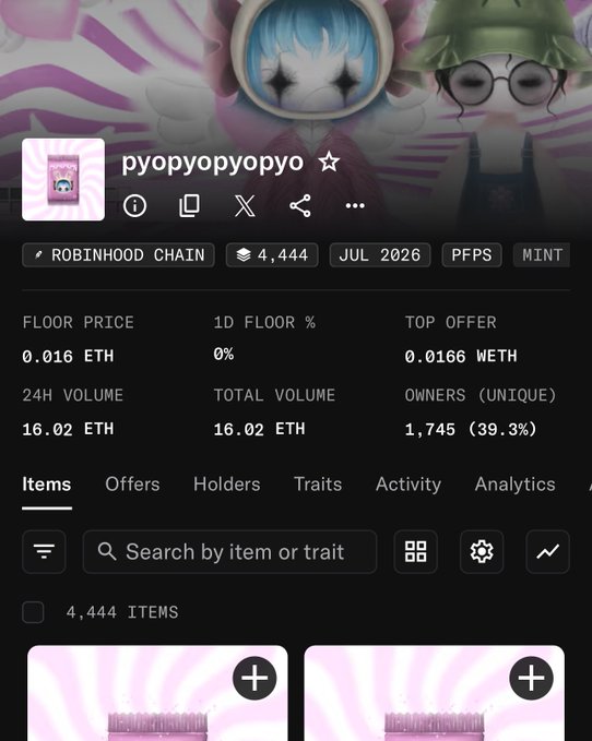 The image shows an NFT collection page for "pyopyopyo" on the Robinhood Chain, featuring a cute character with blue hair and a green hat, displaying 4,444 items with a floor price of 0.016 ETH and a 24H volume of 16.02 ETH. The post highlights the collection's successful launch, emphasizing that the floor price jumped from $2.50 to $30 (a 12x increase) shortly after minting, celebrating the strong early performance of the PFPS NFT project.
