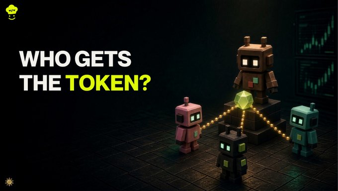 Three robot characters surround a glowing green token orb connected by dotted lines, with bold text reading "WHO GETS THE TOKEN?" alongside faint candlestick charts in the background. The image visually represents the post's theme about token distribution challenges, depicting the competitive question of which initial recipients "matter most" to a newly launched token — a central puzzle in vibe/vibe's creation system mechanics.
