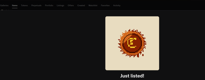 A screenshot of the Mancer XYZ NFT marketplace "Home" tab displaying a pixel-art coin token labeled "Just listed!" below the navigation menu. The image relates to the post by showing the newly listed Chain Mancer NFT, which was put up for sale at a floor price of $1.8k/0.965 ETH.