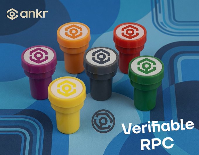 A promotional image showing six colorful plastic stoppers (purple, orange, red, black, green, yellow) each bearing the Ankr logo, with the text 'ankr' in the top-left and 'Verifiable RPC' in the bottom-right.