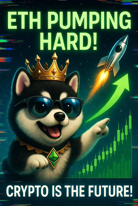 A digital illustration of a Shiba Inu dog wearing a crown and sunglasses, accompanied by a rocket, an upward green arrow, and a stock chart, with the text 'ETH PUMPING HARD!' at the top and 'CRYPTO IS THE FUTURE!' at the bottom.