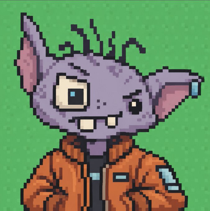 A pixel art portrait of a purple-skinned character with large ears, messy antennae-like hair, a wide grin showing buck teeth, and a brown jacket against a green background.